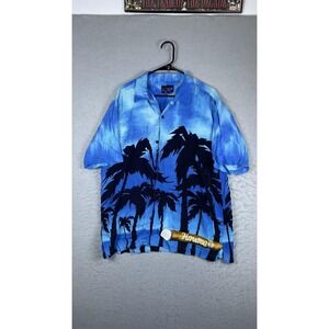 F.A.D. Shirt‎ Mens Large Blue Palm Tree Hawaiian Short Sleeve Button Havana